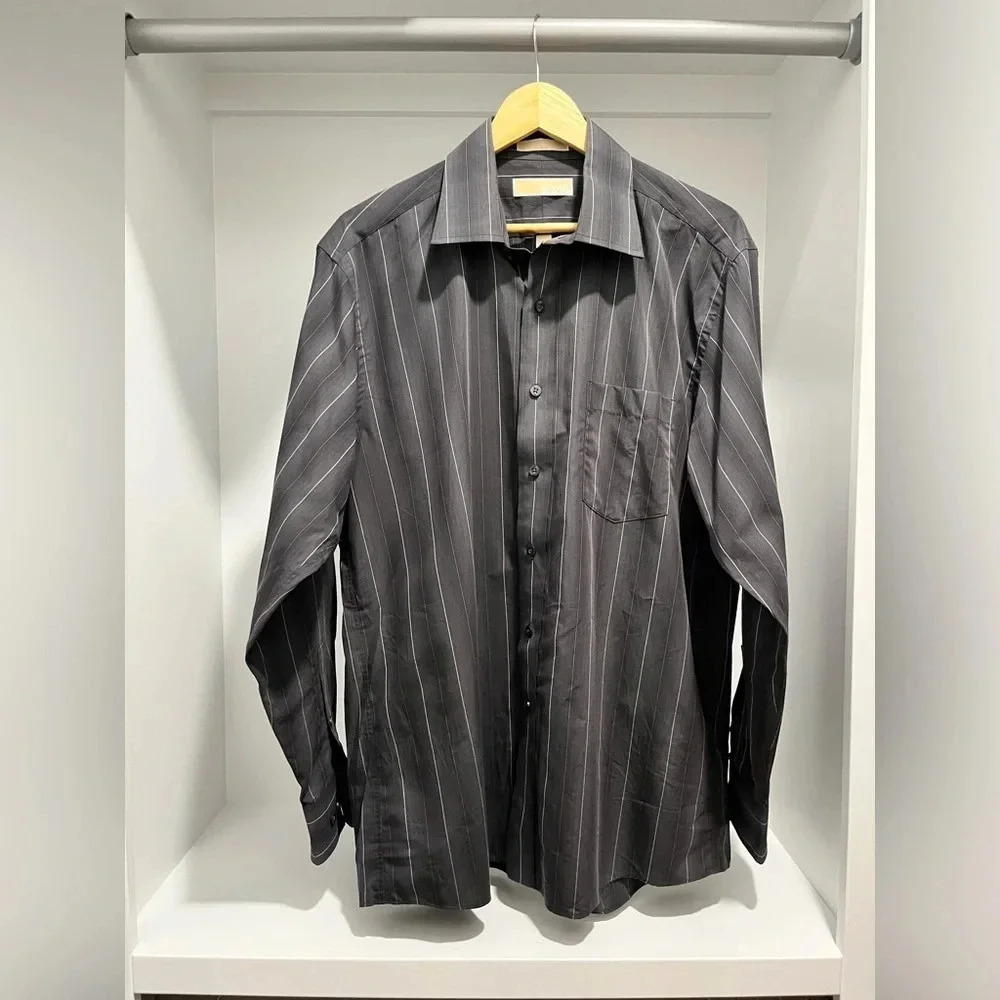 Michael Kors black striped long sleeved button shirt Large 16 1/2 34/35